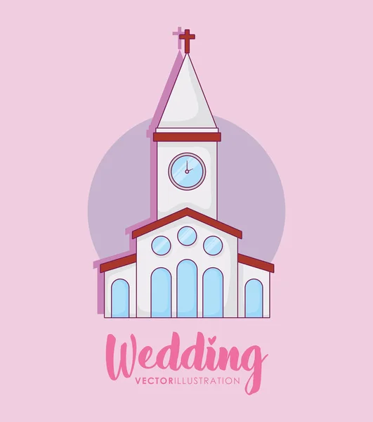 Tarjeta de celebración de boda con edificio de la iglesia — Vector de stock