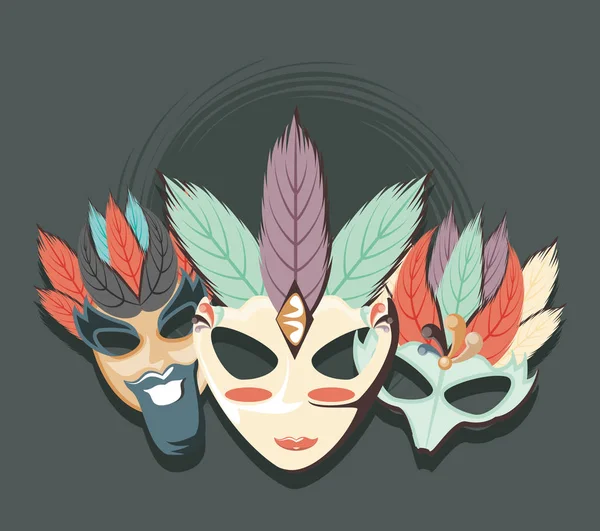 Samling karneval mask med skägg fjädrar vintage stil — Stock vektor