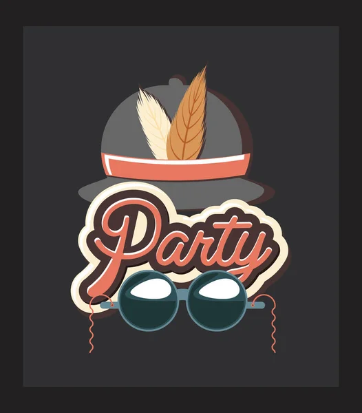 Classic hat with feathers and glasses celebration party — стоковый вектор