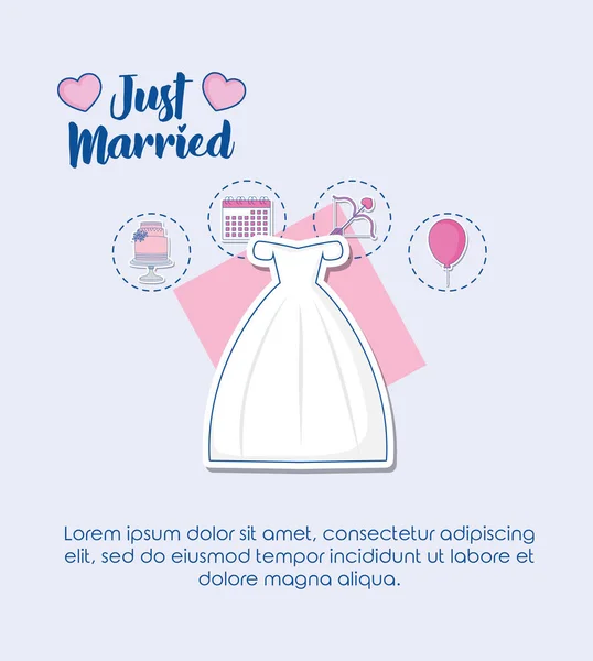 Bruiloft feest kaart met gehuwde jurk — Stockvector