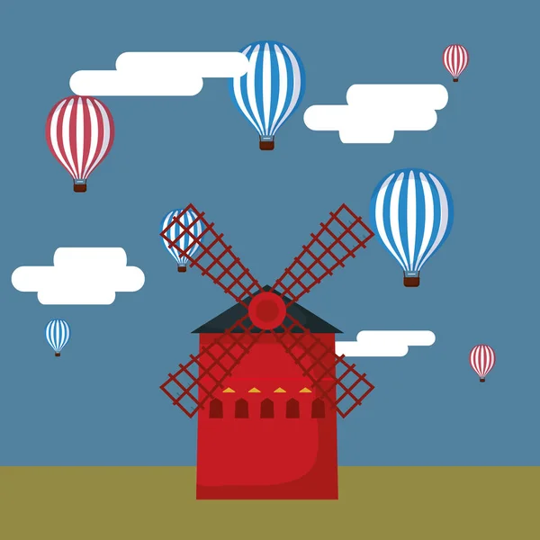 Windmill byggnad och ballonger flyger — Stock vektor