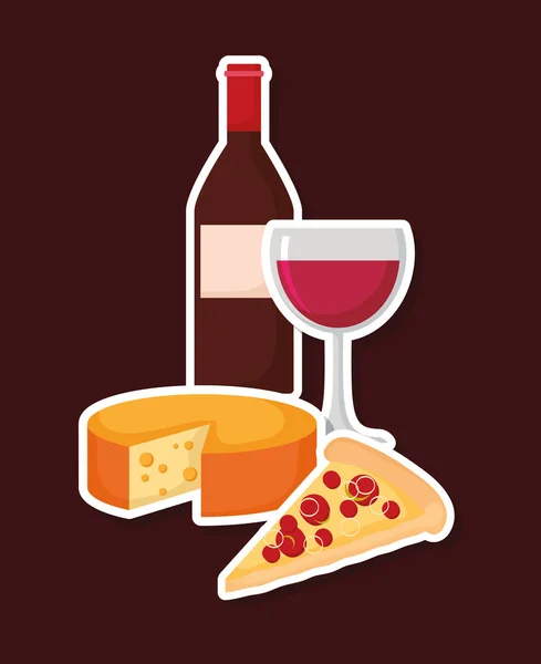 Peynir ve pizza ile şarap şişesi — Stok Vektör