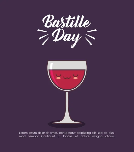 Bastille den oslav karta s vínem kawaii — Stockový vektor
