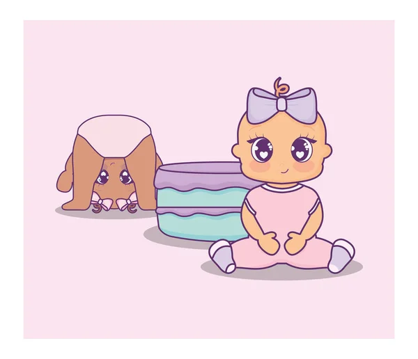 Bebek duş kartı ile pasta ve küçük kızlar — Stok Vektör