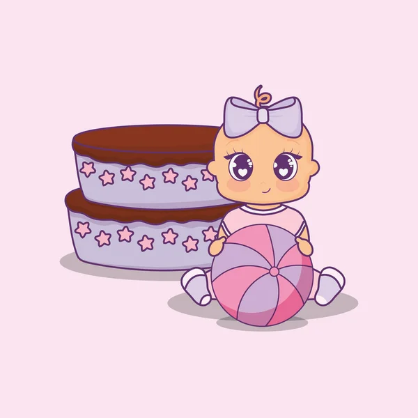 带蛋糕和小女孩的婴儿沐浴卡 — 图库矢量图片