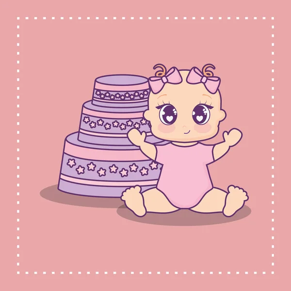 Tarjeta de ducha de bebé con pastel y niña — Vector de stock