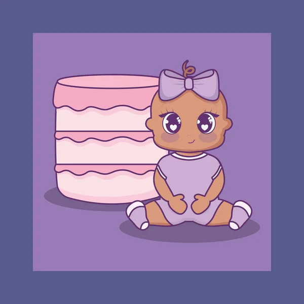 Baby sprcha karty s koláč a holčička — Stockový vektor