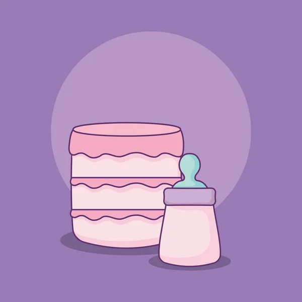 Bebek duş kartı pasta ve süt şişesiyle — Stok Vektör
