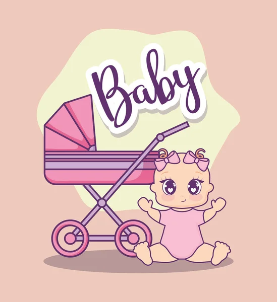 Cartão de chá de bebê com menina com carrinho —  Vetores de Stock