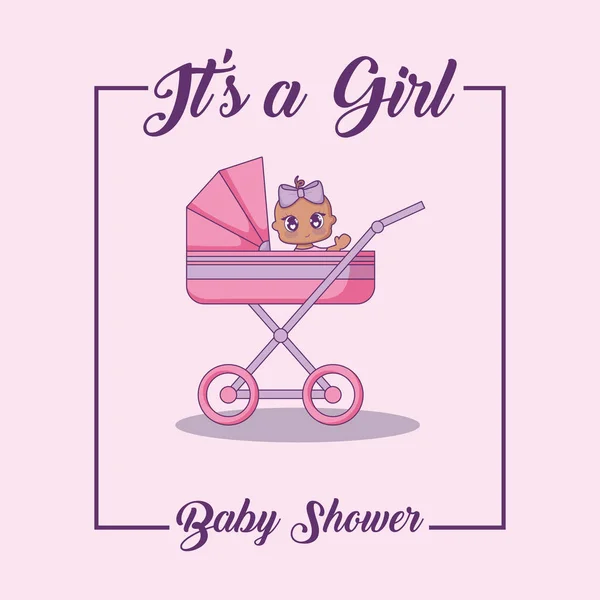 Babyduschkarte mit kleinem Mädchen mit Einkaufswagen — Stockvektor