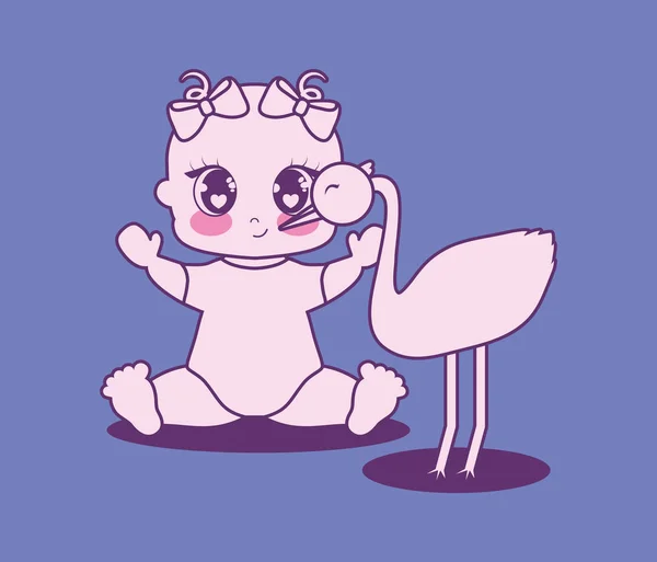 Küçük kız ve leylek bebek duş kartı — Stok Vektör
