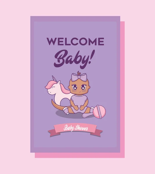 Baby shower card with girl and wooden horse — Stock Vector