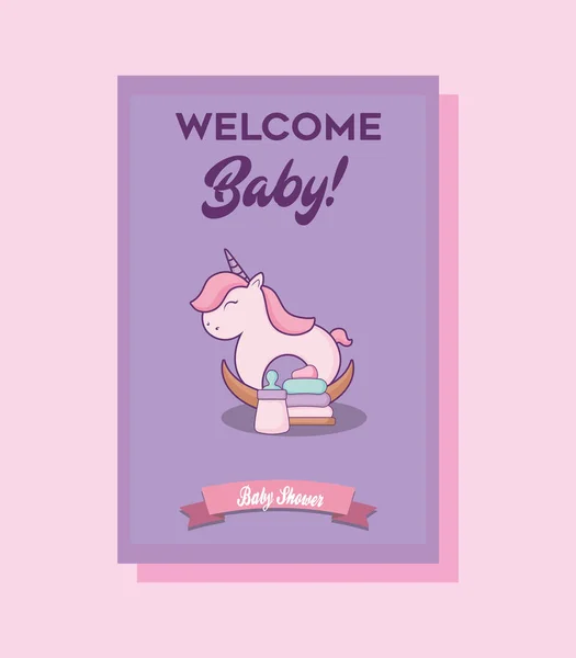Tarjeta de ducha de bebé con unicornio de madera — Vector de stock