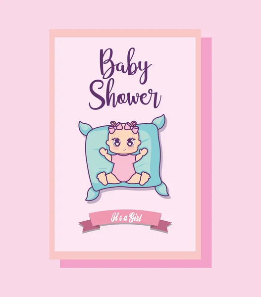 Baby shower card with little girl and pillow — Stockvector