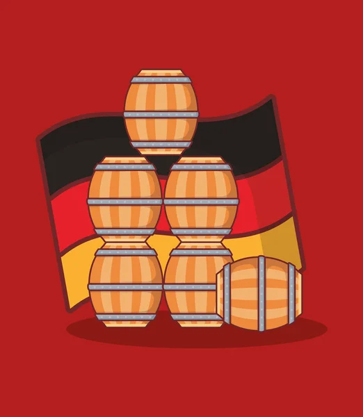 Botti di birra in legno con bandiera tedesca — Vettoriale Stock