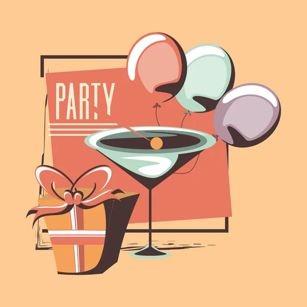 Coffret cadeau décoratif avec ballons cocktail rétro partie — Image vectorielle