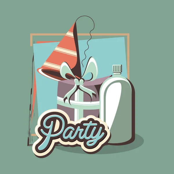 Cadeau d'anniversaire et chapeau de fête bouteille de soda rétro — Image vectorielle