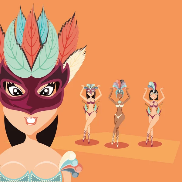Grupo carnaval mujeres vestido traje festival — Vector de stock