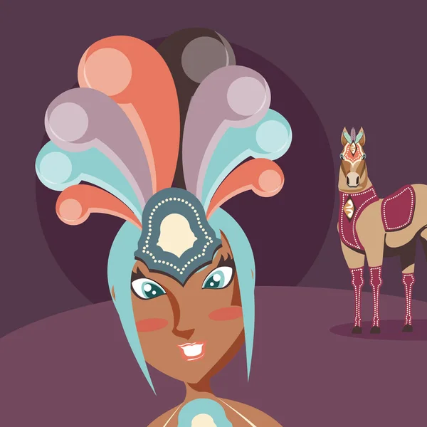 Hermosa mujer con circo espectáculo de carnaval de caballos — Vector de stock