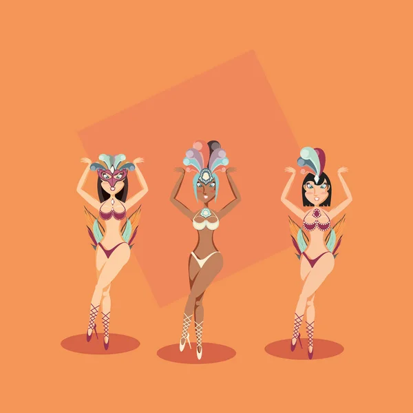 Tres personajes de mujeres en carnaval vestido exótico — Vector de stock