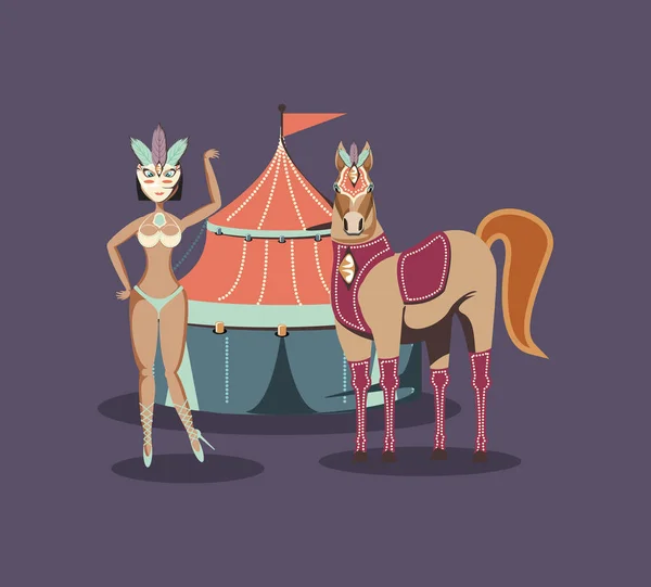Όμορφη γυναίκα με τέντα και άλογο τσίρκο Καρναβάλι — Διανυσματικό Αρχείο