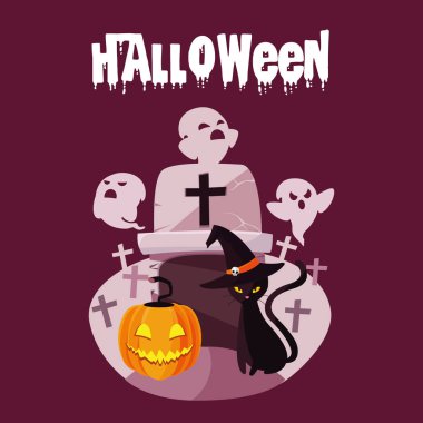 Cadılar Bayramı kartı hayalet ve kabak karakterlerle