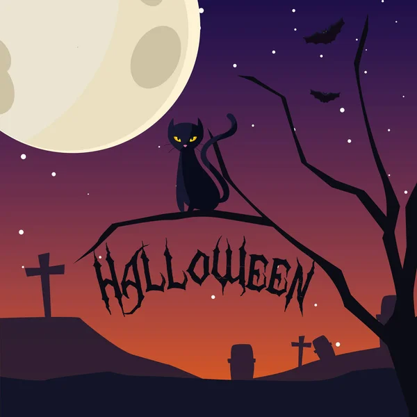 Tarjeta de Halloween con escena noche cementerio — Archivo Imágenes Vectoriales