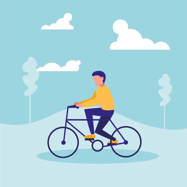 Man practicing cycling in landscape — Stock Vector