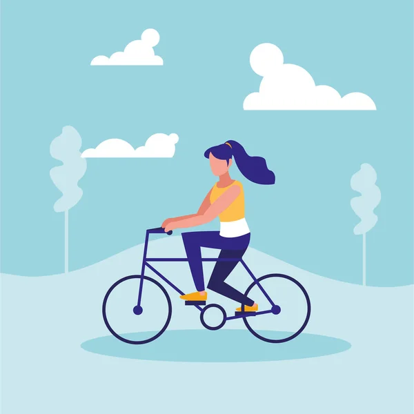 Femme pratiquant le vélo dans le paysage — Image vectorielle