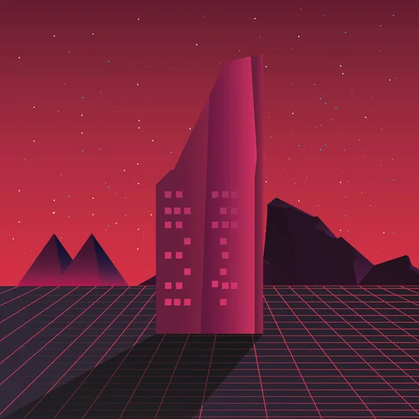 Etiqueta retro futuro con escena de edificios — Vector de stock