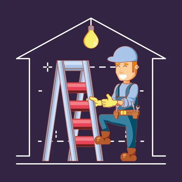 Personagem construtor com ícones de reparação em casa —  Vetores de Stock