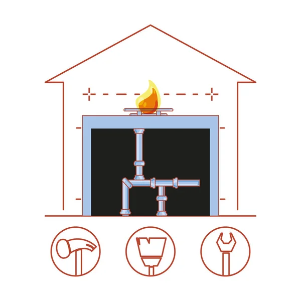 Estrutura da tubulação da casa com ícones de reparação home — Vetor de Stock