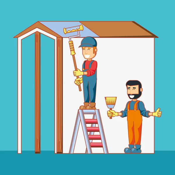 Constructores personajes con iconos de reparación del hogar — Vector de stock