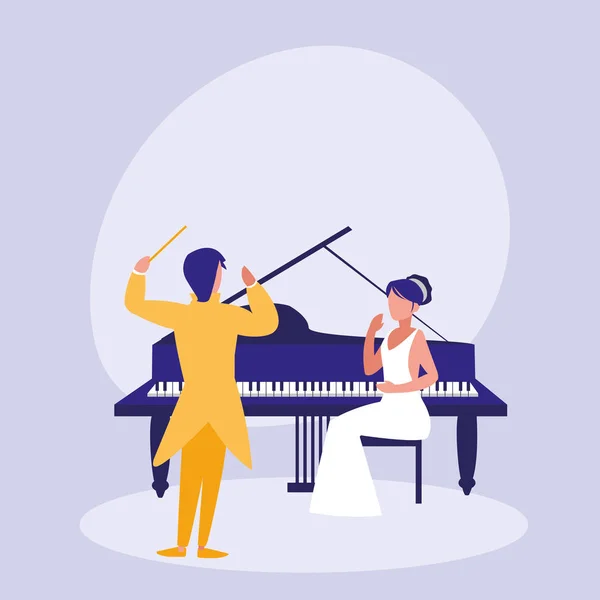 Елегантна пара грає на фортепіано аватара персонажа — стоковий вектор