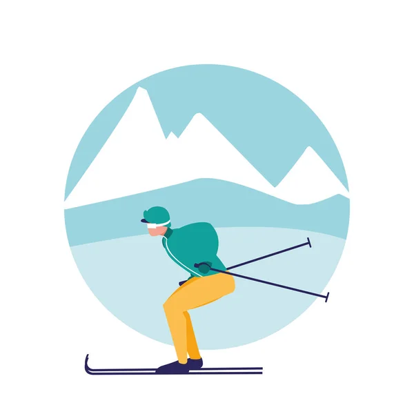 Man practicing skiing on ice avatar character — Stock Vector