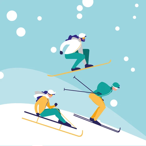 Gruppe von Menschen übt Skifahren auf Eis Avatar Charakter — Stockvektor