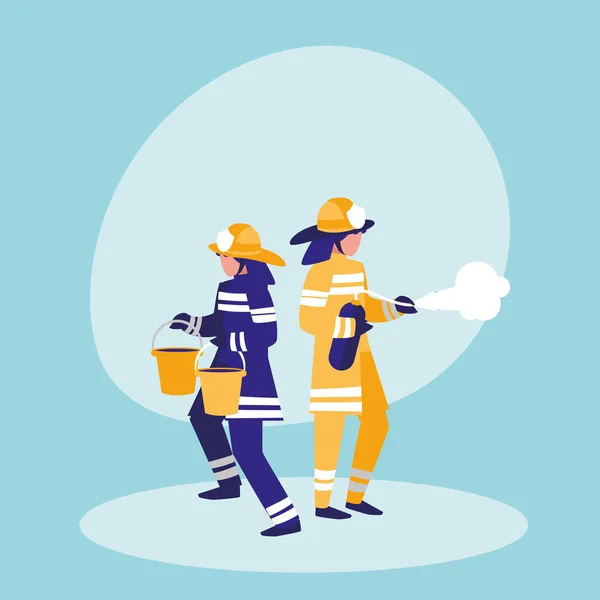 Skupina hasičů s kbelíky a hasicí přístroj — Stockový vektor