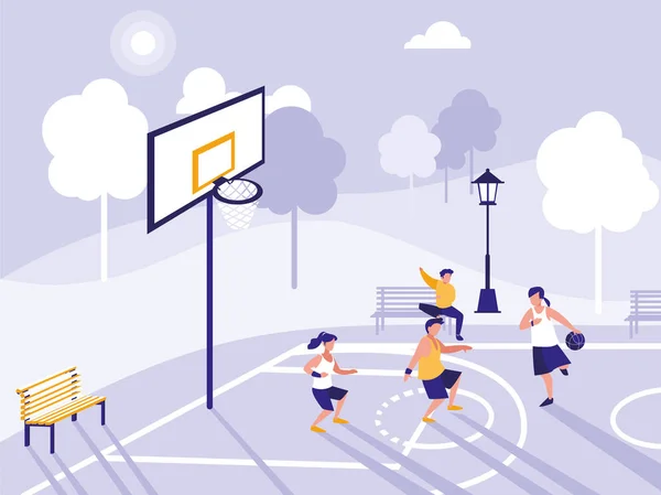 Personnes jouant sur le terrain de basket — Image vectorielle