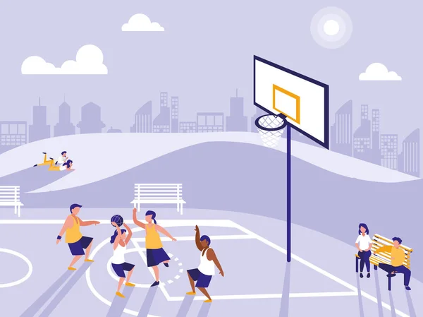 Personnes pratiquant le sport dans le terrain de basket — Image vectorielle