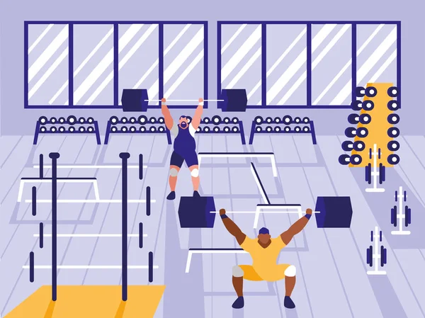 Hombres levantando pesas en gimnasio deportivo — Vector de stock