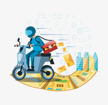 Kurye adam lojistik hizmetleri ve motosiklet vektör çizim tasarım