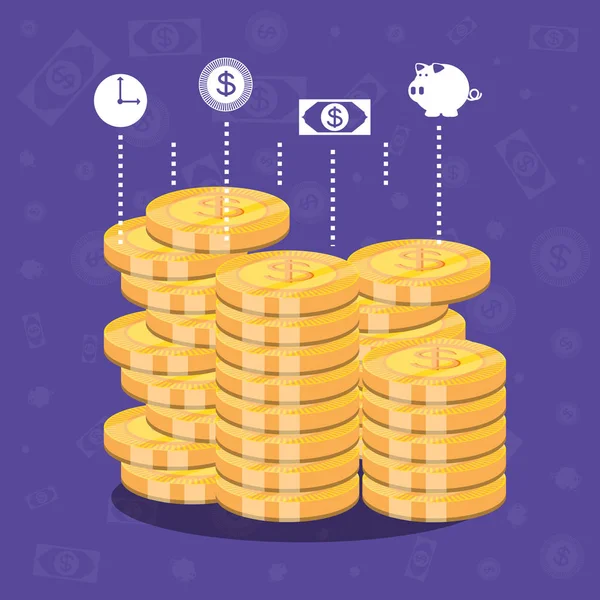 Pile of coins dollar isolated icon — Stock Vector