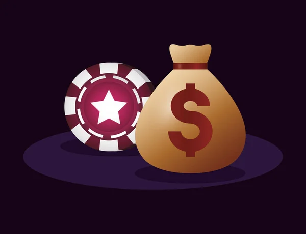 Casino poker bolsa de dinero y chip — Vector de stock