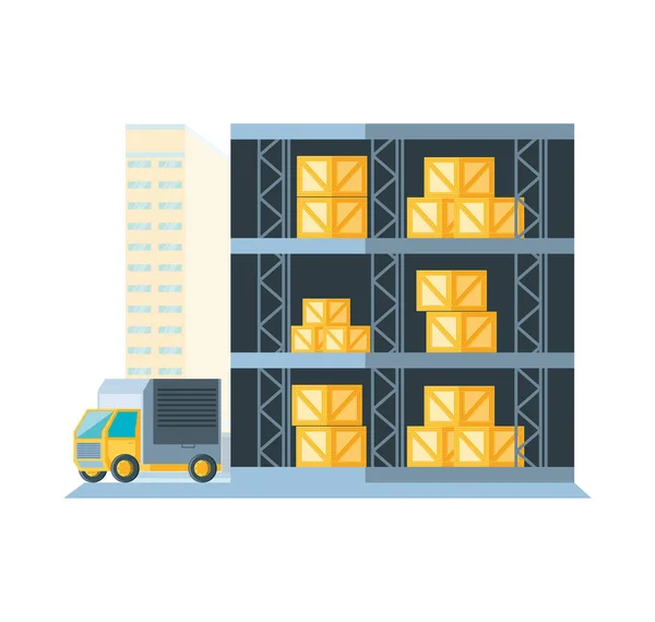 Estante de almacén con cajas de entrega y camión — Vector de stock