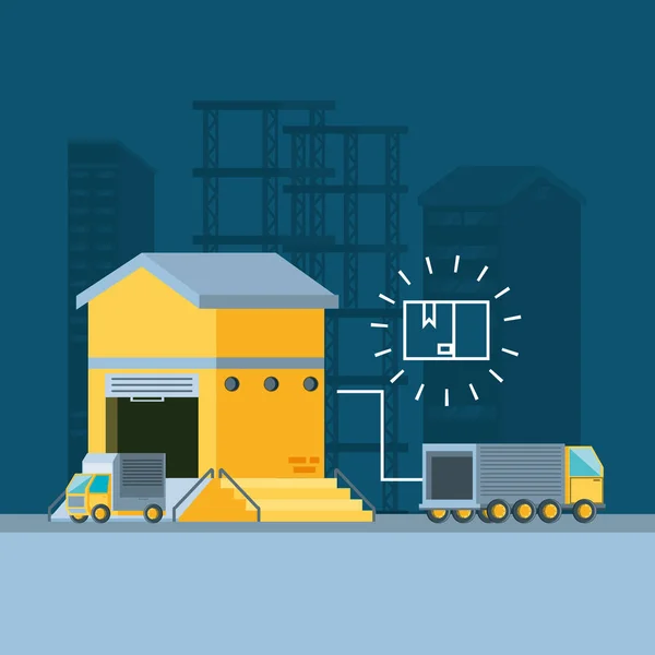 倉庫のトラック配信サービスと建物 — ストックベクタ