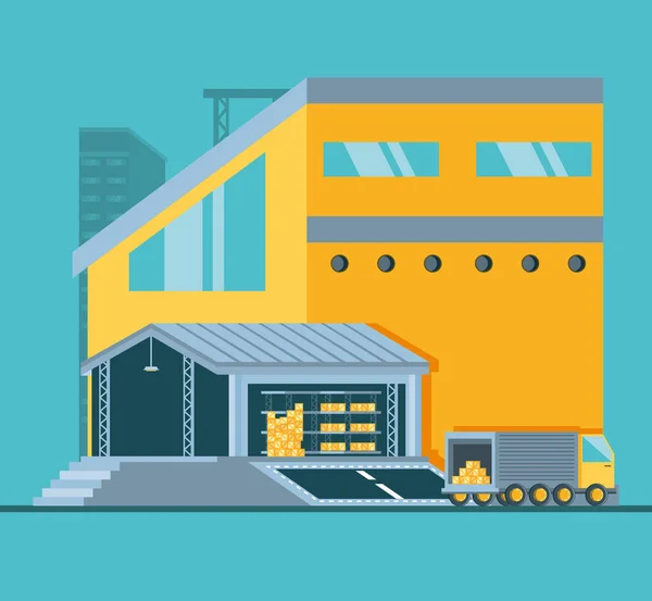 Edificio de almacén con servicio de entrega de camiones — Vector de stock