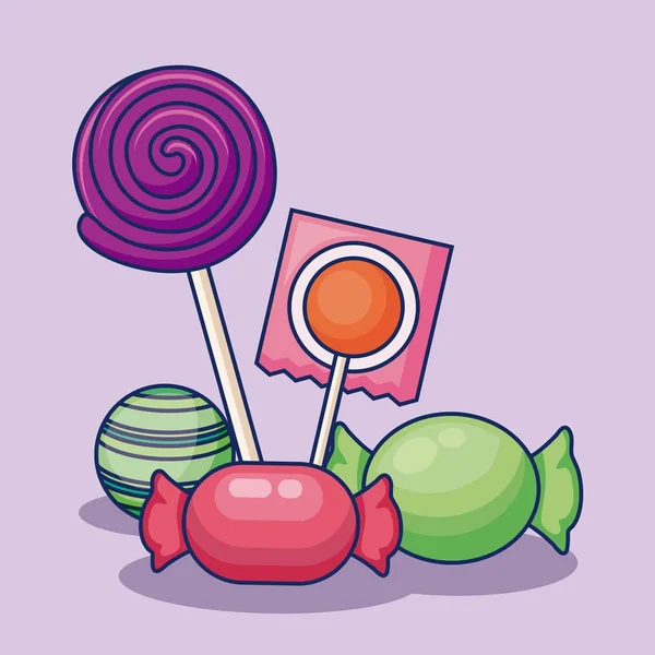 Sweet lollipops with candies icon — Stock Vector