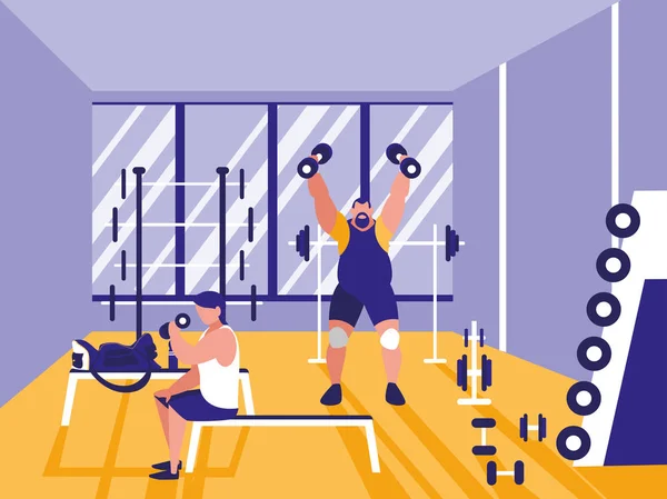 Men lifting weights in gym icon — Stock Vector