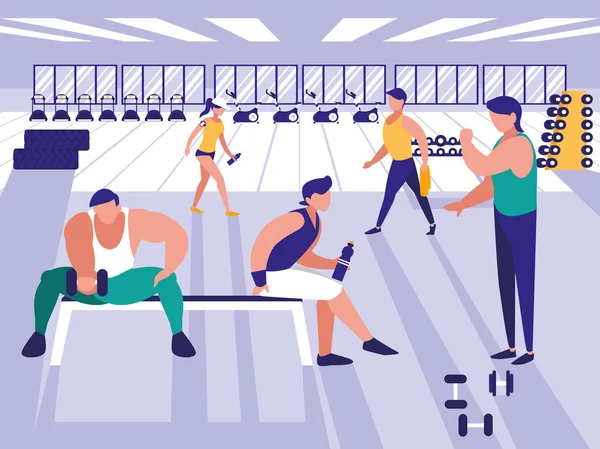 Personas levantando pesas en el icono del gimnasio — Vector de stock