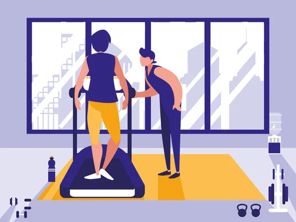 Hombres en la cinta de correr en el icono del gimnasio — Vector de stock